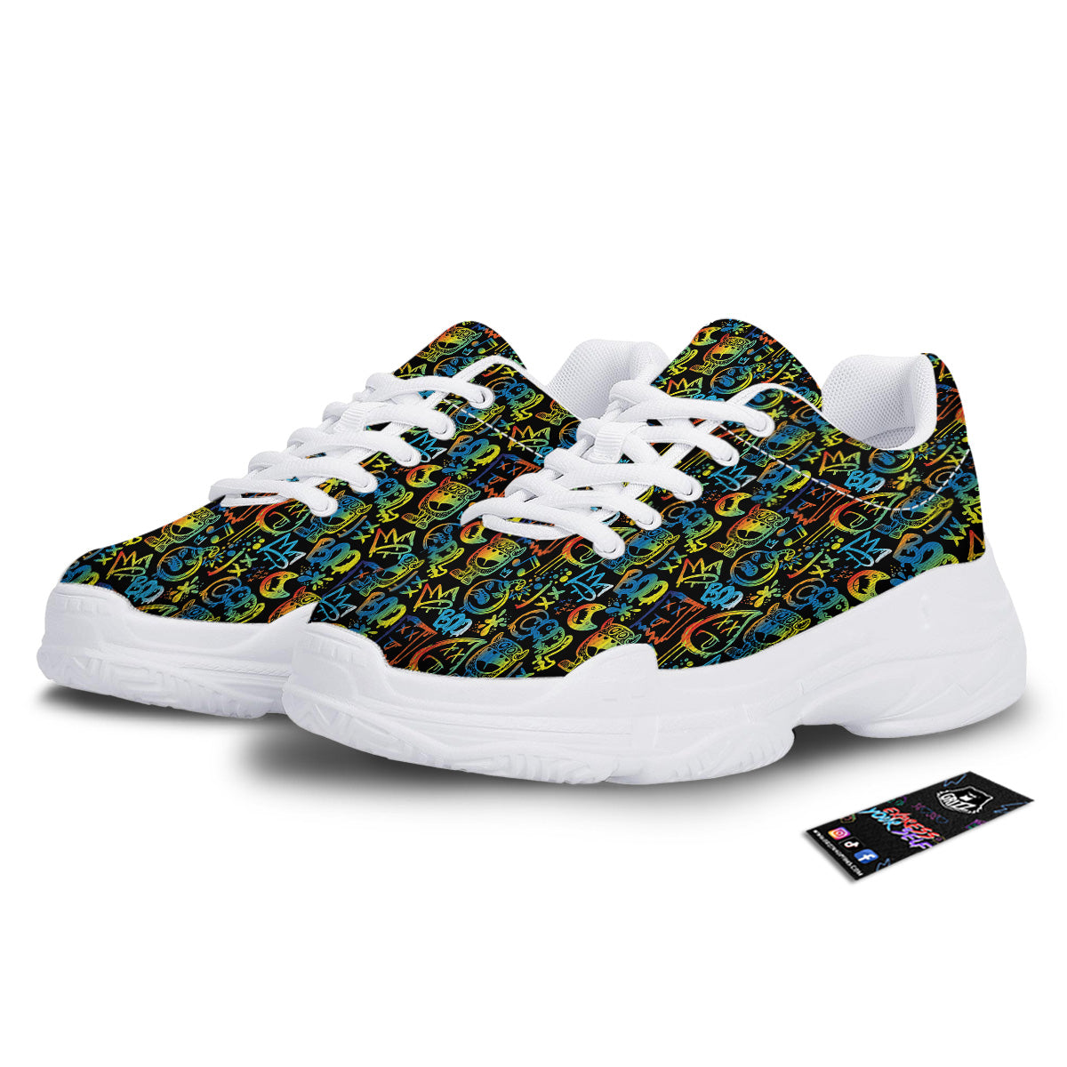 Abstract Graffiti Neon Monsters Print Pattern White Chunky Shoes-grizzshop