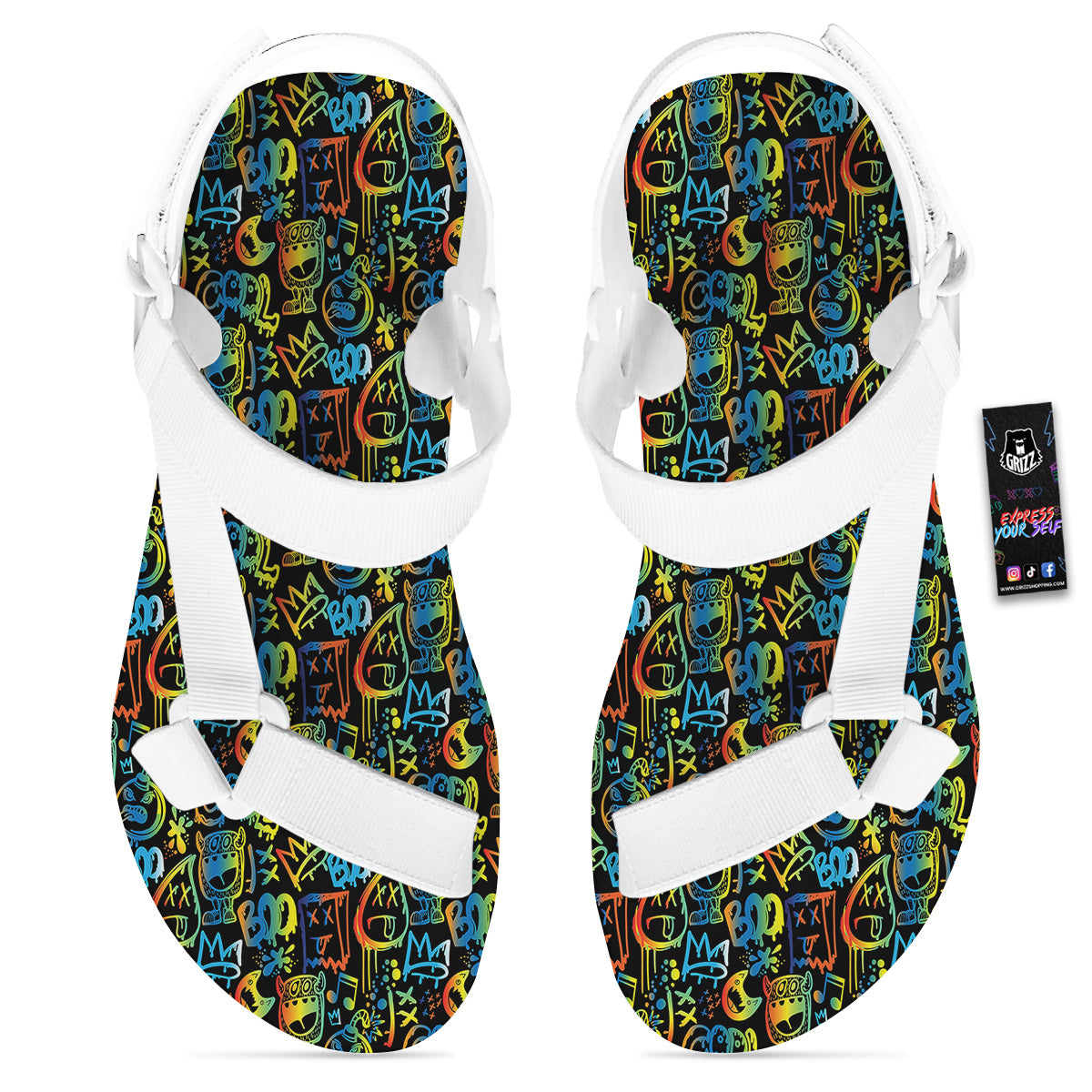 Abstract Graffiti Neon Monsters Print Pattern White Open Toe Sandals-grizzshop