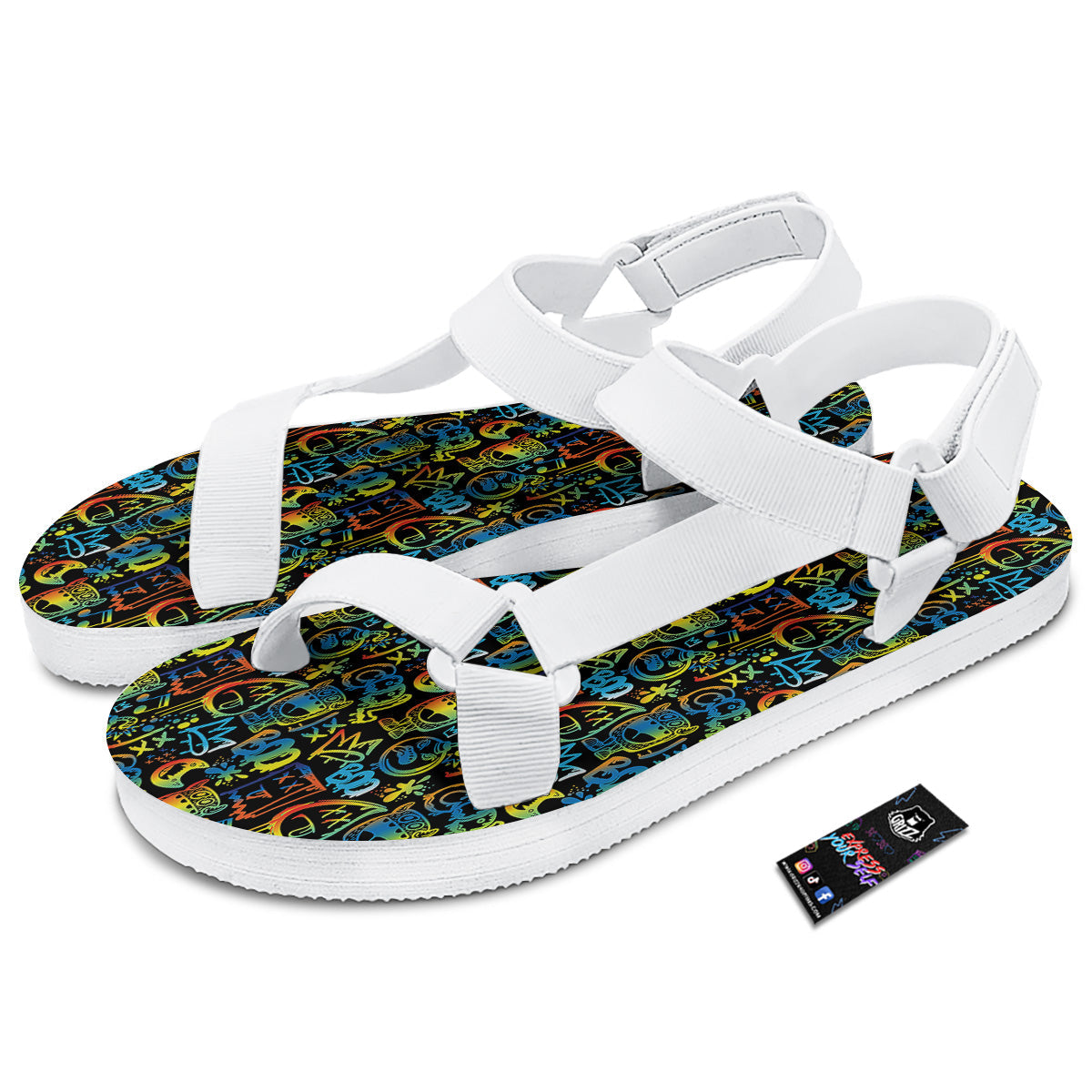 Abstract Graffiti Neon Monsters Print Pattern White Open Toe Sandals-grizzshop