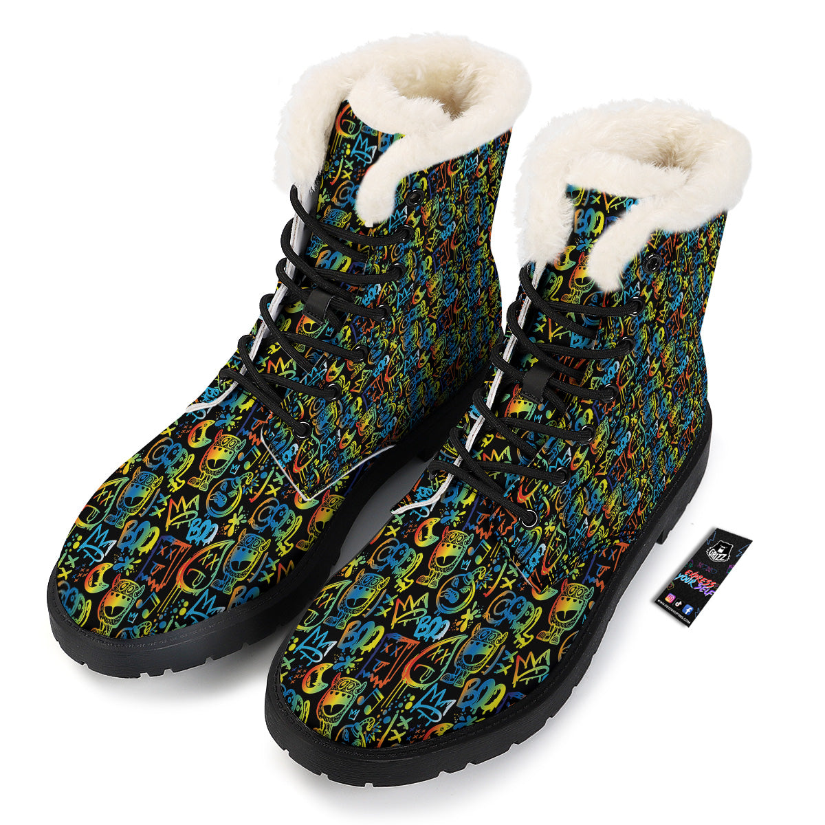 Abstract Graffiti Neon Monsters Print Pattern Winter Boots-grizzshop