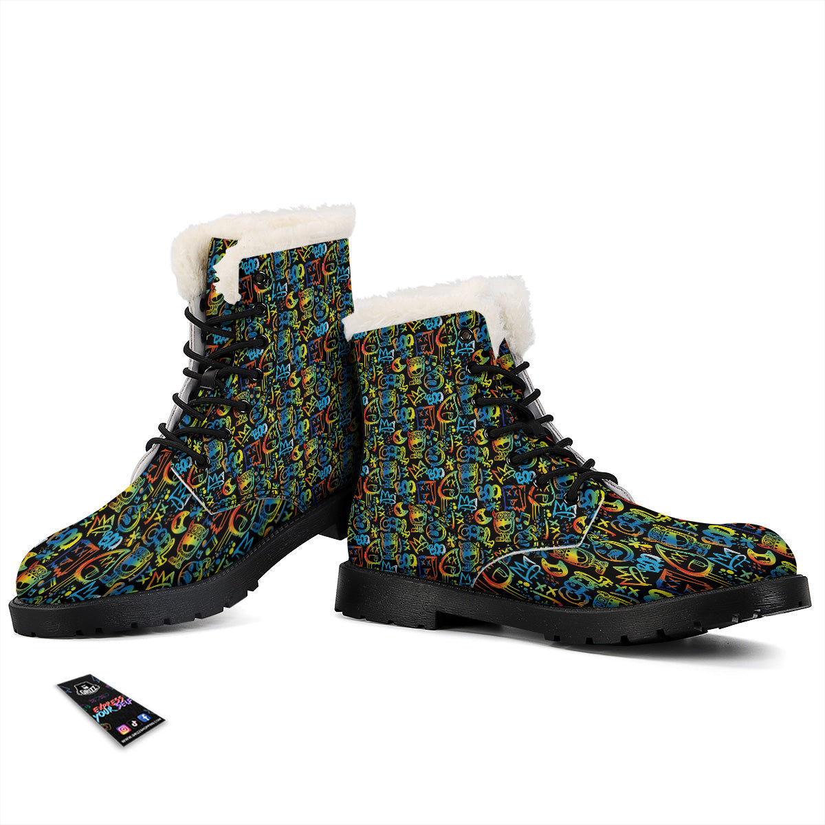 Abstract Graffiti Neon Monsters Print Pattern Winter Boots-grizzshop