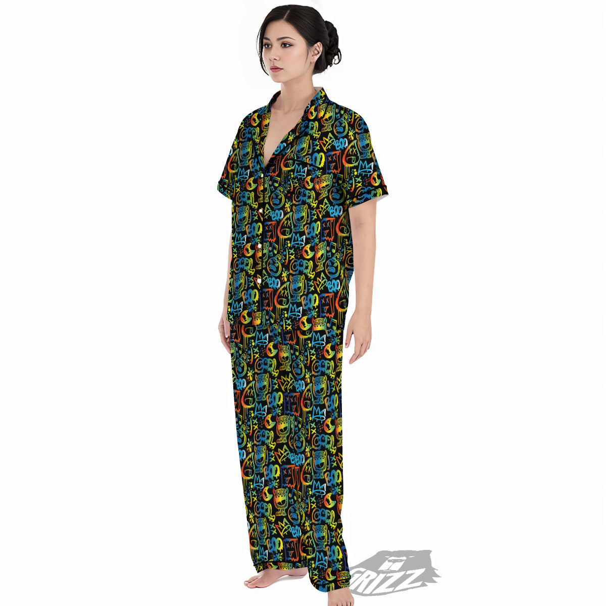 Abstract Graffiti Neon Monsters Print Pattern Women's Pajamas Set-grizzshop