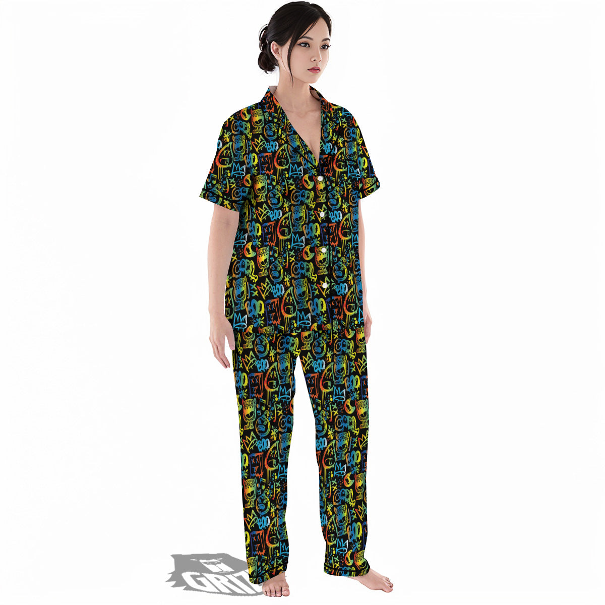 Abstract Graffiti Neon Monsters Print Pattern Women's Pajamas Set-grizzshop