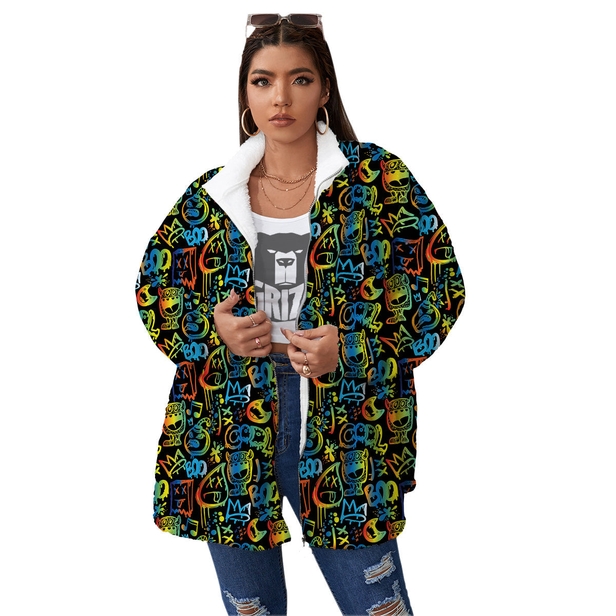 Abstract Graffiti Neon Monsters Print Pattern Women's Sherpa Jacket-grizzshop