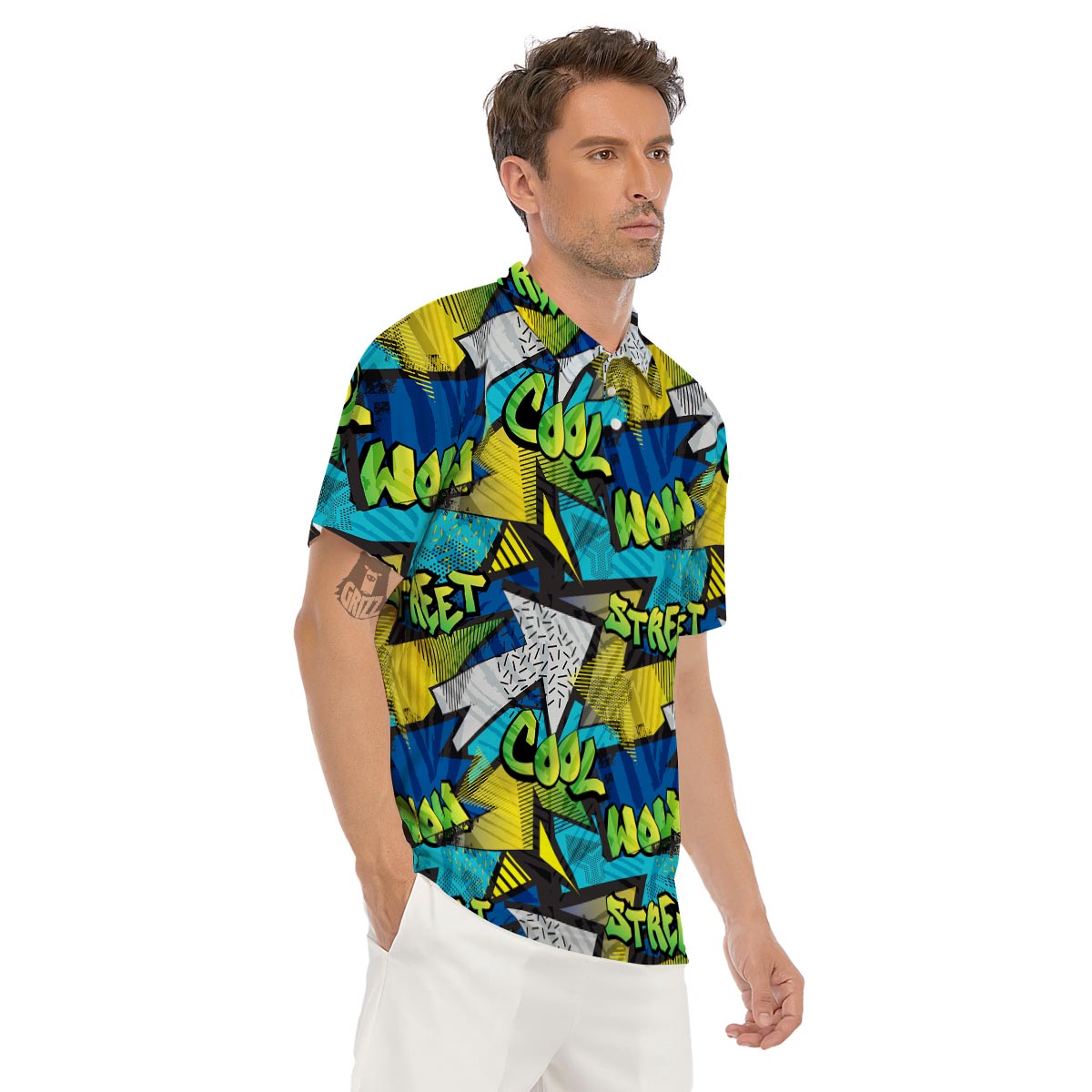 Abstract Graffiti Print Men's Golf Shirts-grizzshop