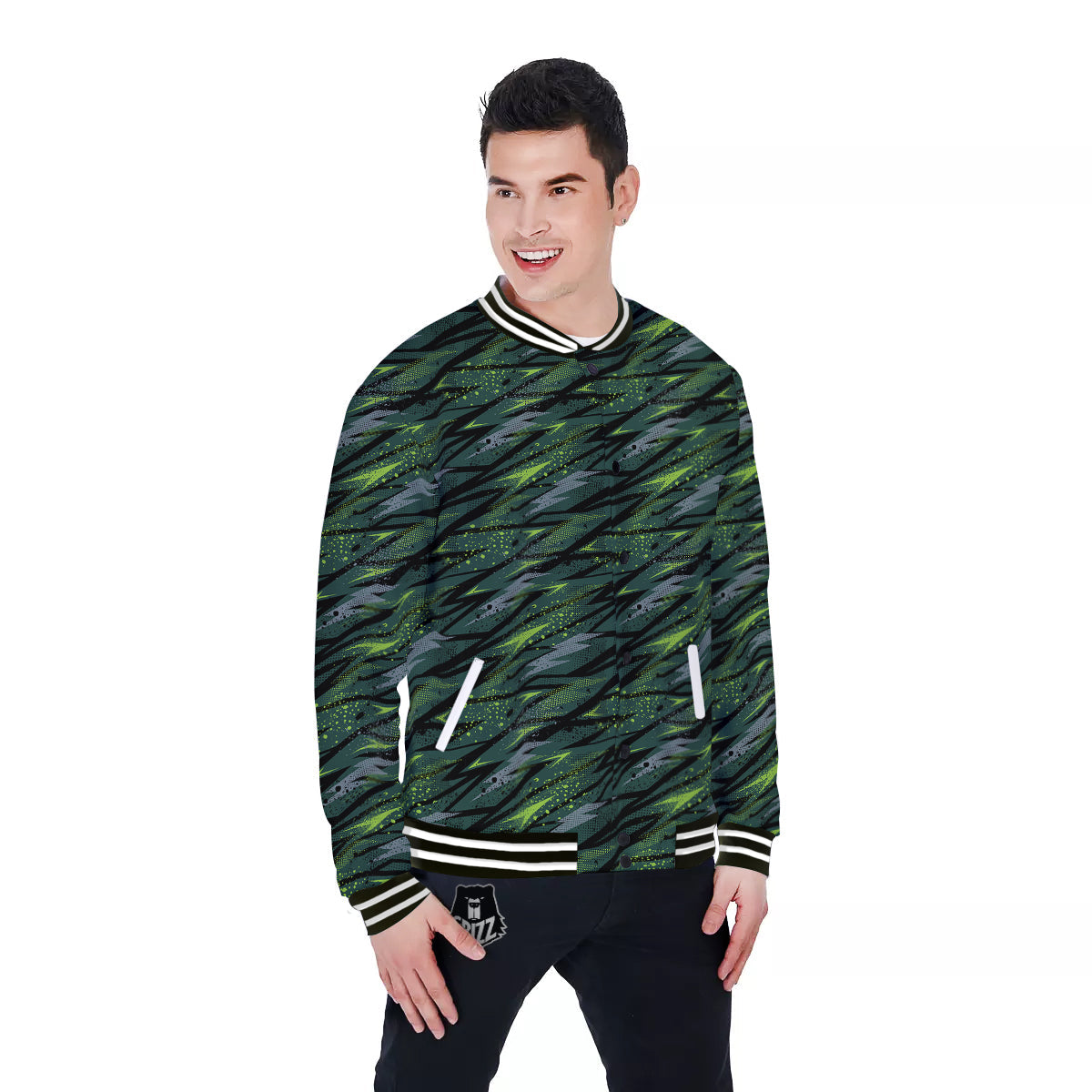 Abstract Green Lightning Print Pattern Baseball Jacket-grizzshop