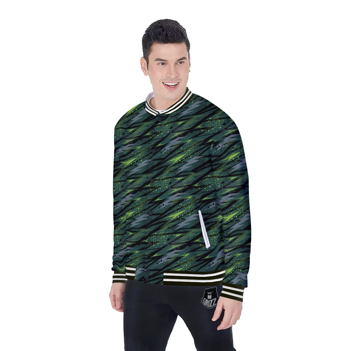 Abstract Green Lightning Print Pattern Baseball Jacket-grizzshop