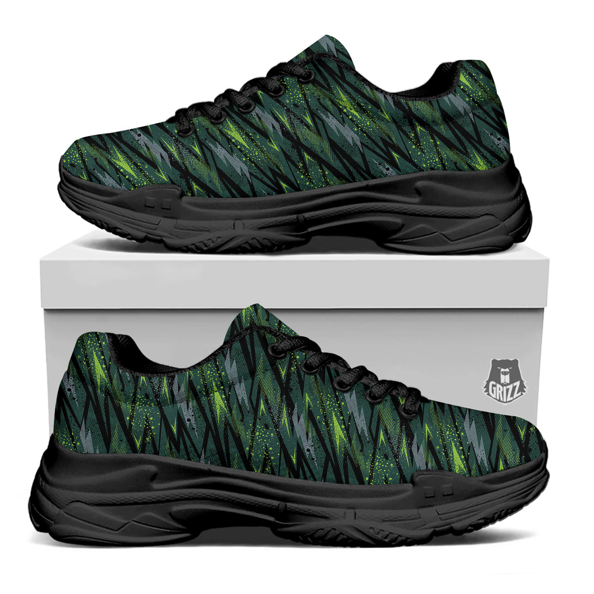 Abstract Green Lightning Print Pattern Black Chunky Shoes-grizzshop