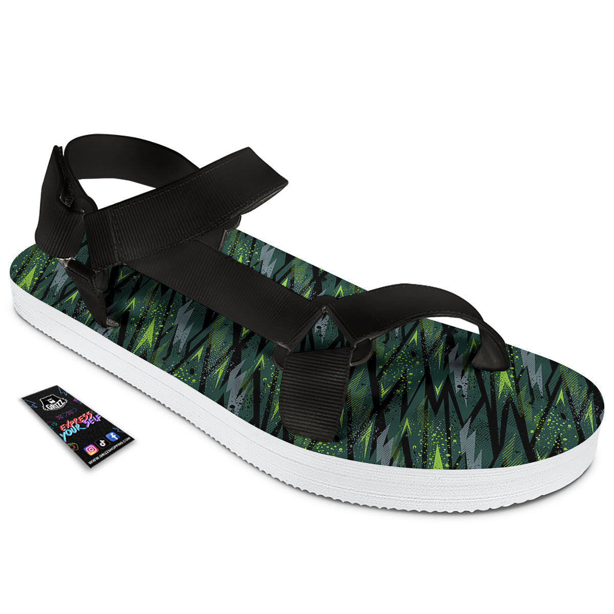 Abstract Green Lightning Print Pattern Black Open Toe Sandals-grizzshop