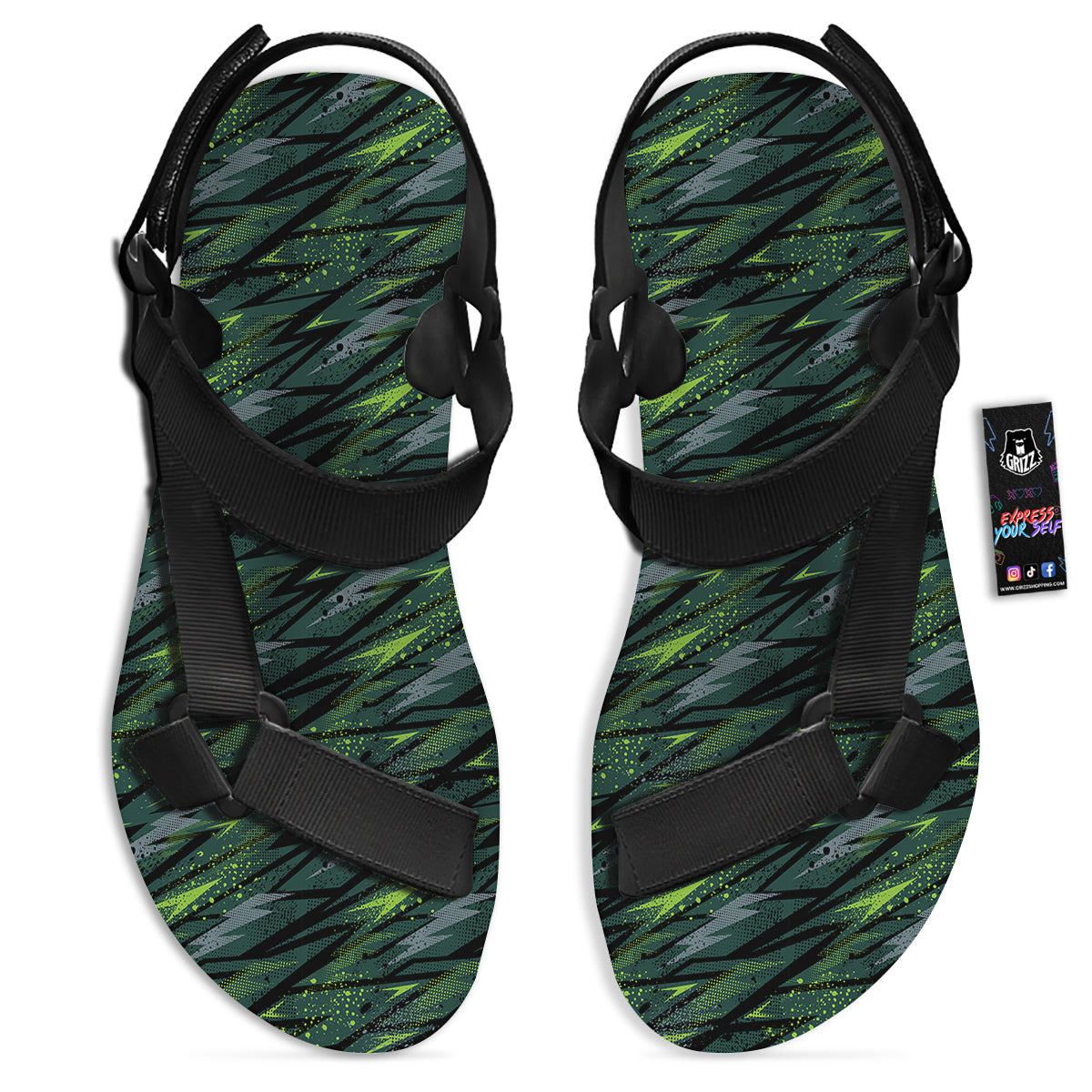 Abstract Green Lightning Print Pattern Black Open Toe Sandals-grizzshop