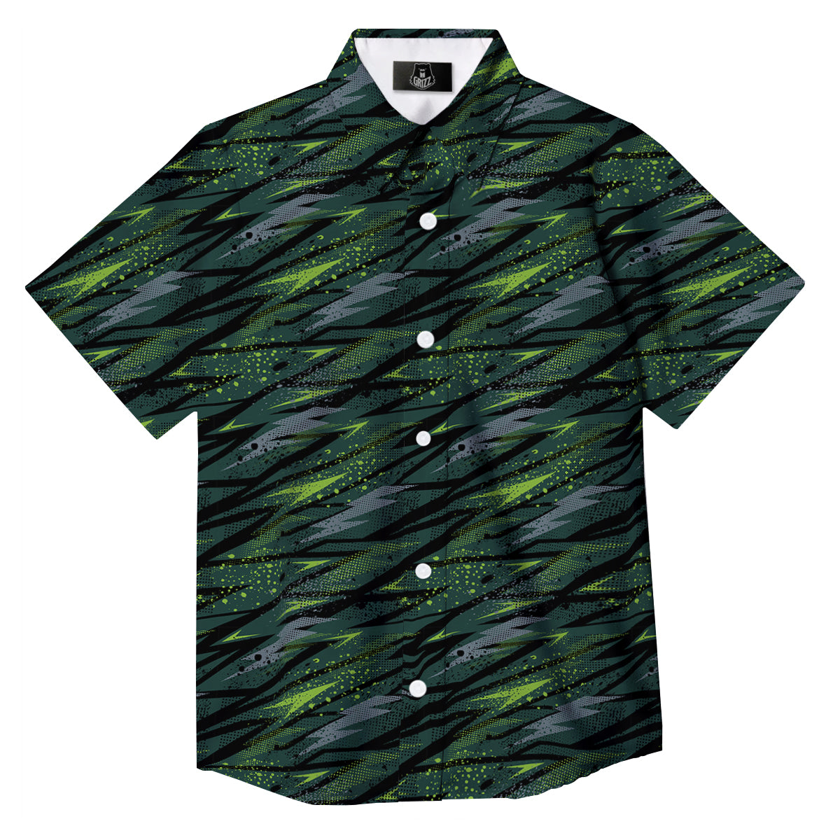 Abstract Green Lightning Print Pattern Button Up Shirt-grizzshop