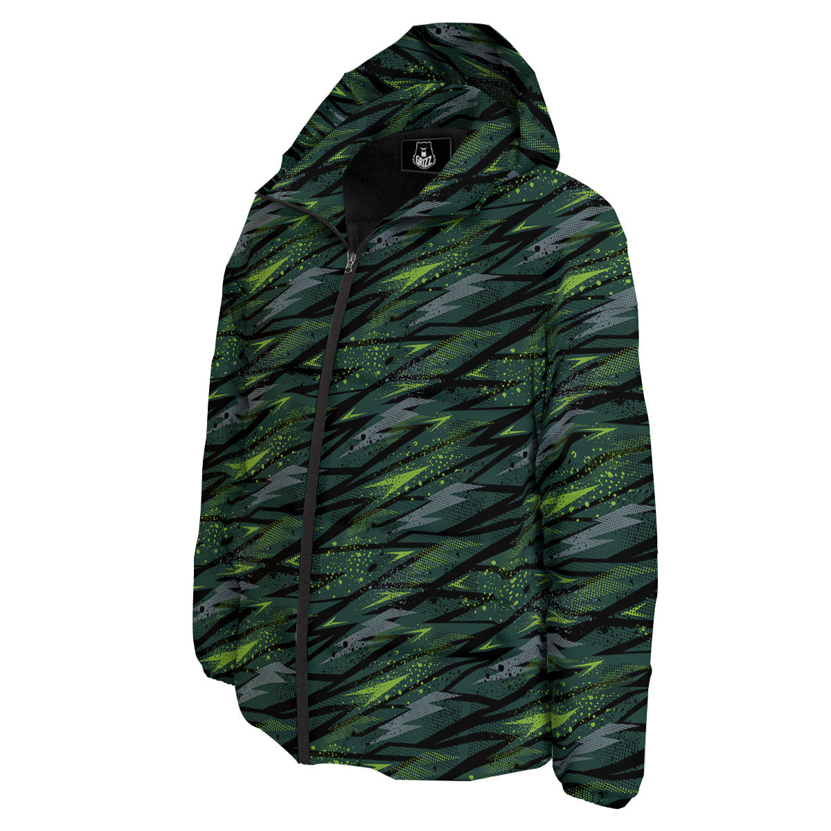 Abstract Green Lightning Print Pattern Down Jacket-grizzshop