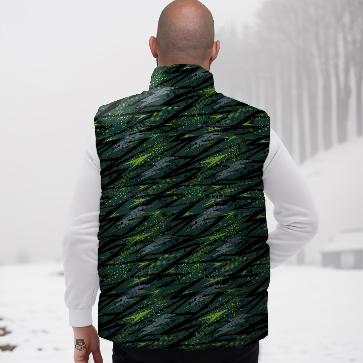 Abstract Green Lightning Print Pattern Down Vest-grizzshop