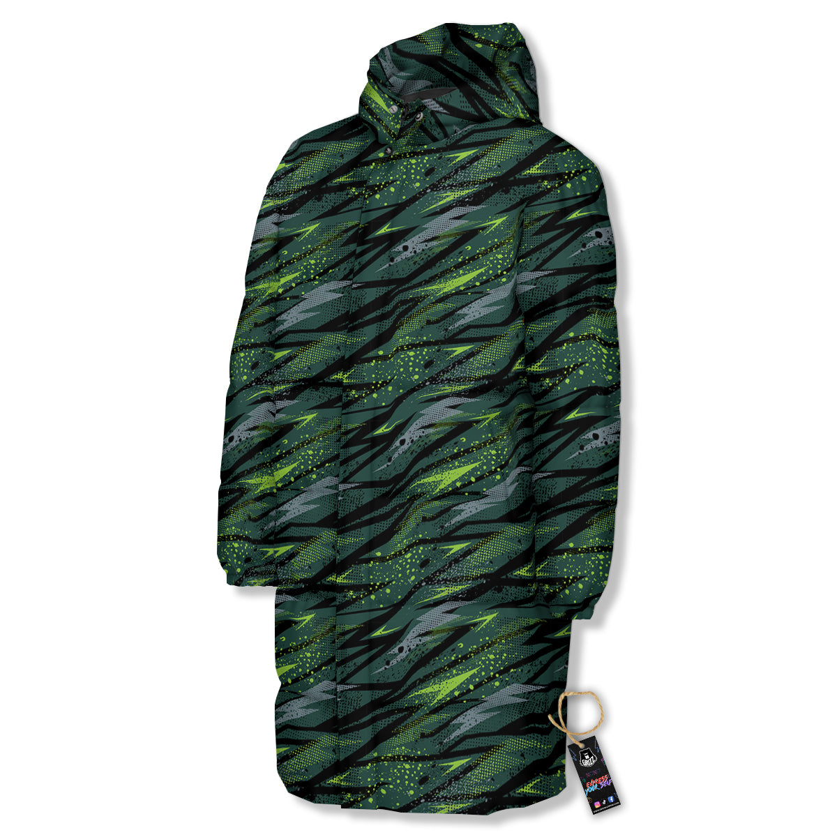 Abstract Green Lightning Print Pattern Long Down Jacket-grizzshop