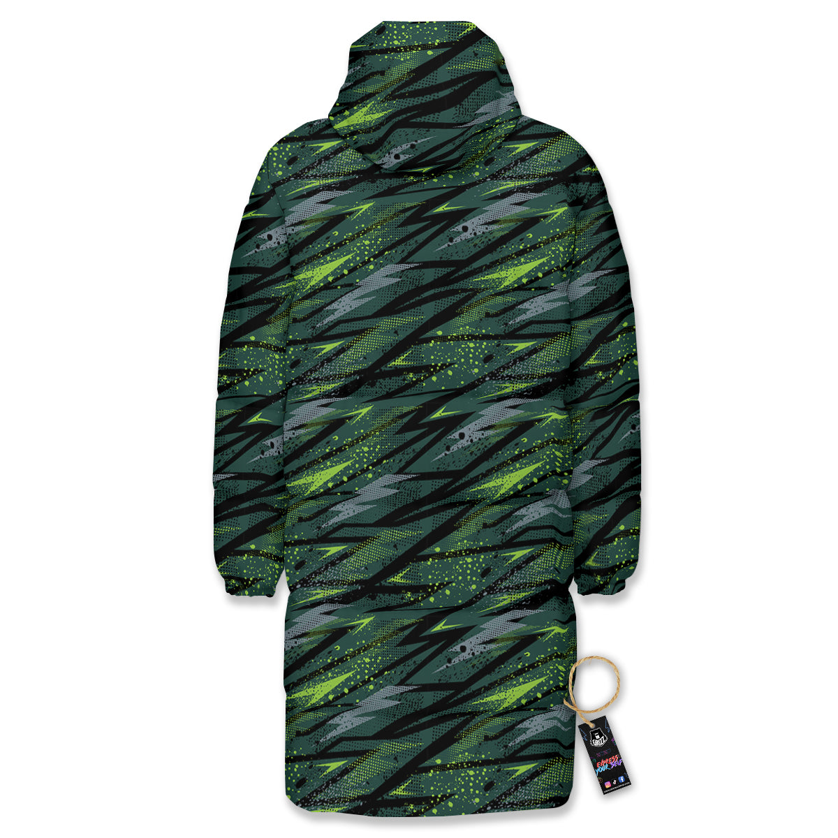 Abstract Green Lightning Print Pattern Long Down Jacket-grizzshop