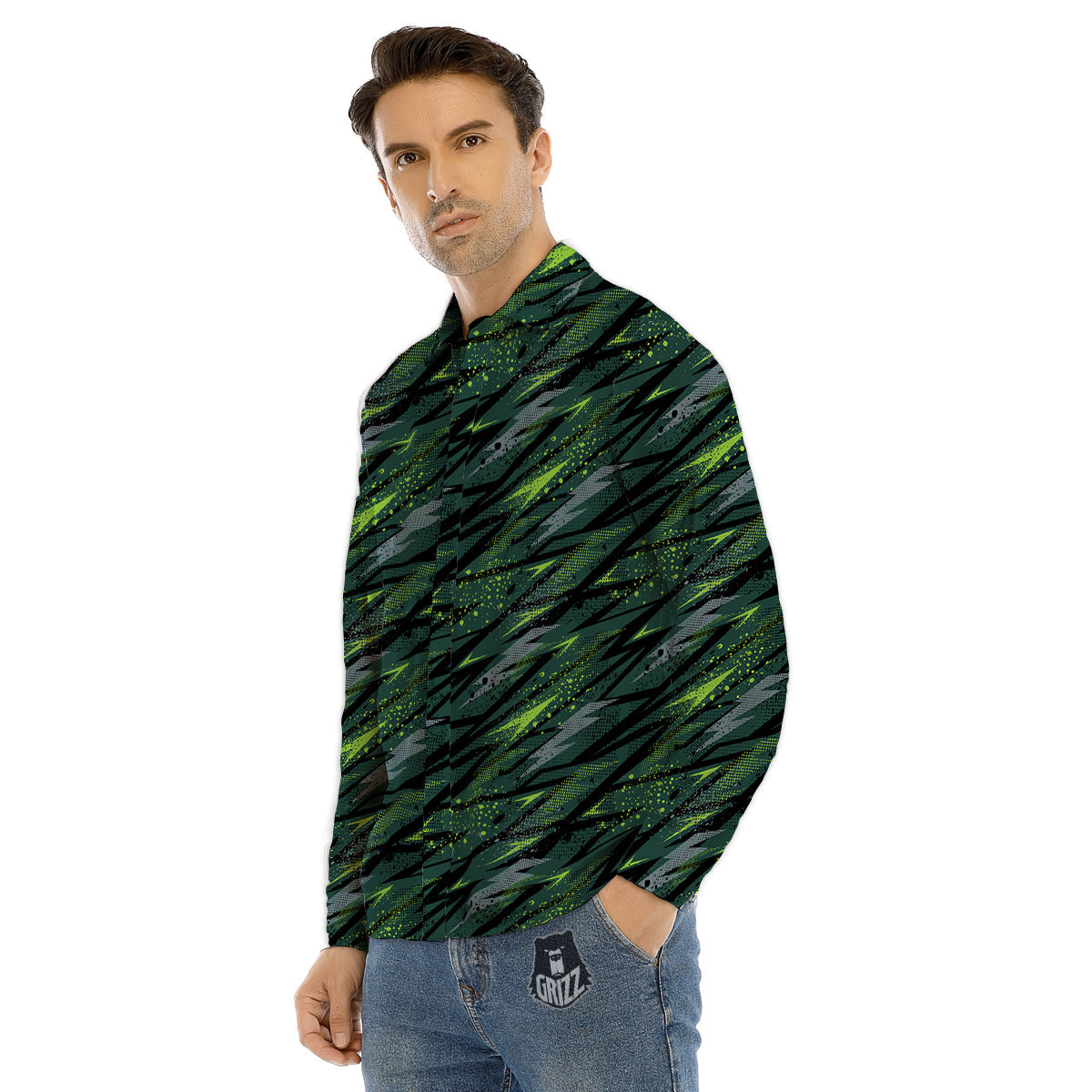 Abstract Green Lightning Print Pattern Men's Dress Shirts-grizzshop
