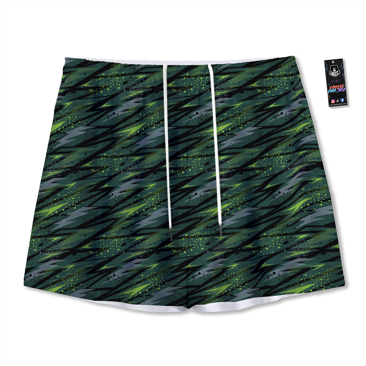 Abstract Green Lightning Print Pattern Mesh Shorts-grizzshop