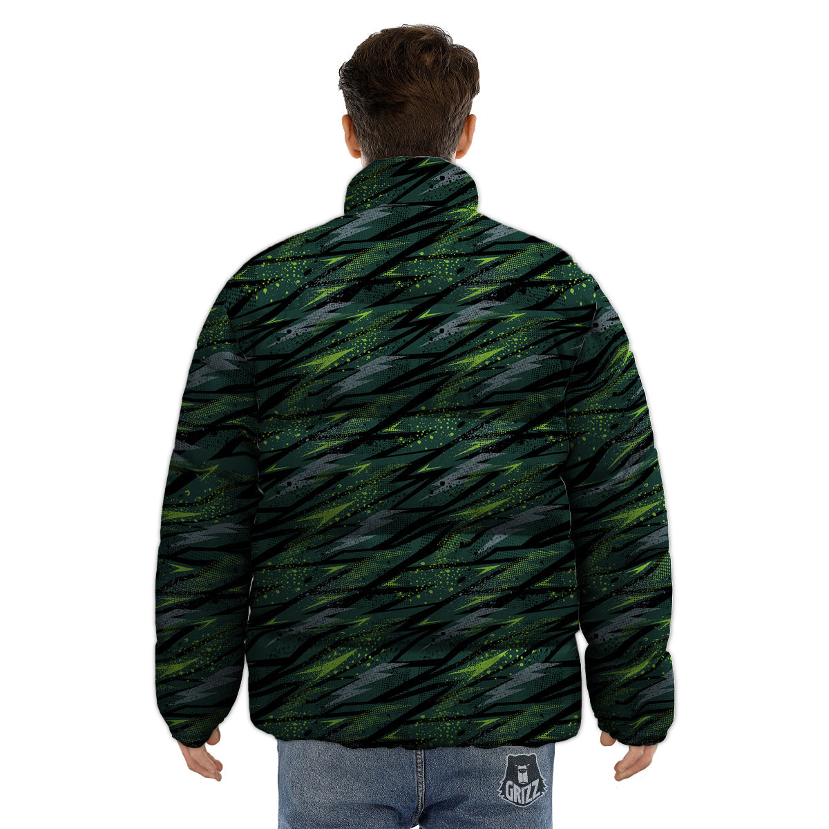 Abstract Green Lightning Print Pattern Puffer Jacket-grizzshop