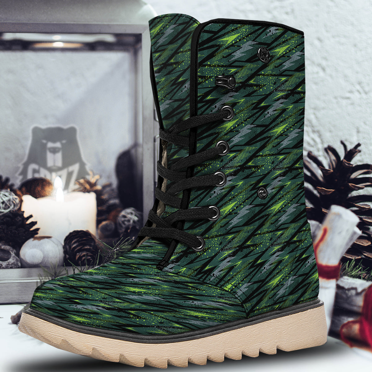 Abstract Green Lightning Print Pattern Snow Boots-grizzshop