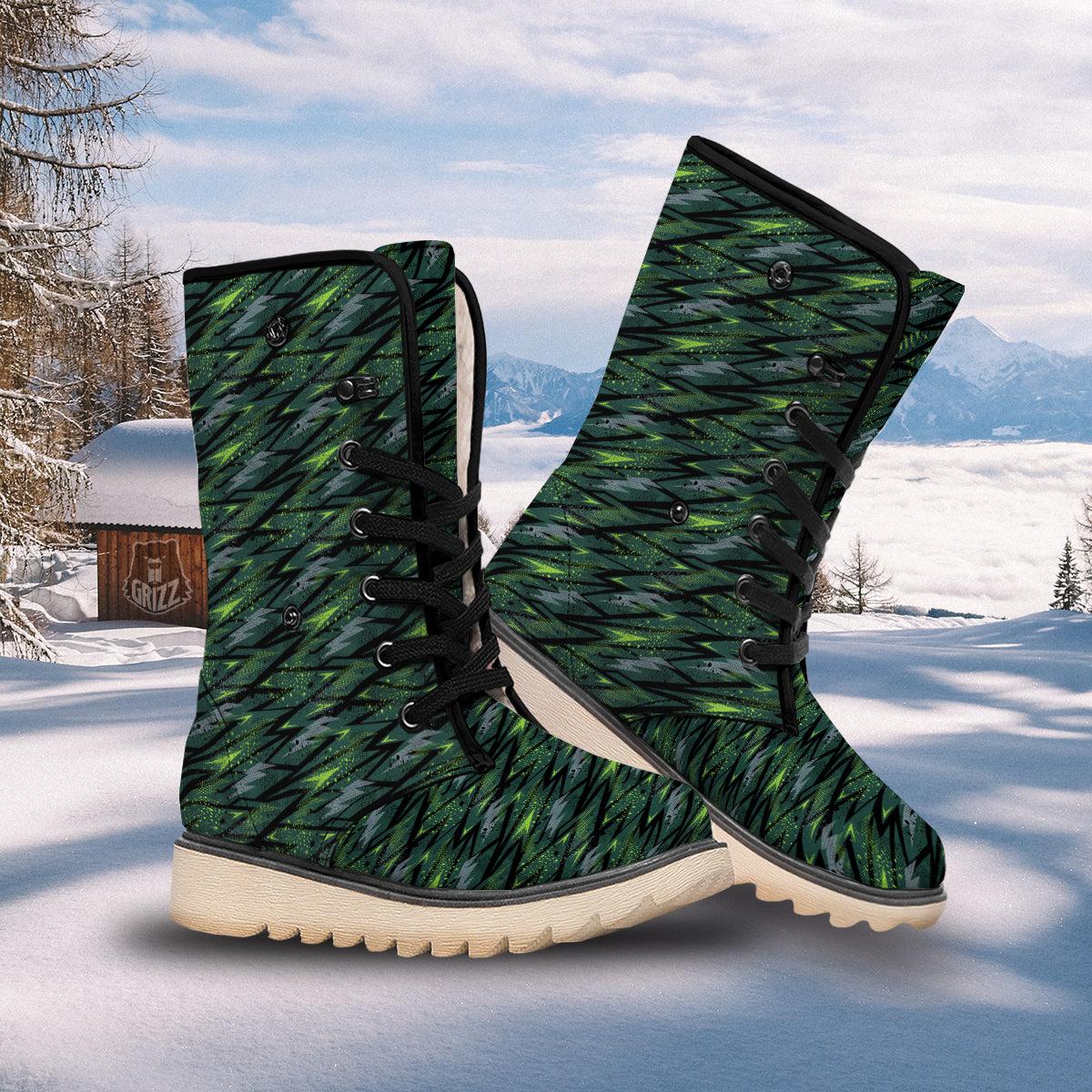 Abstract Green Lightning Print Pattern Snow Boots-grizzshop