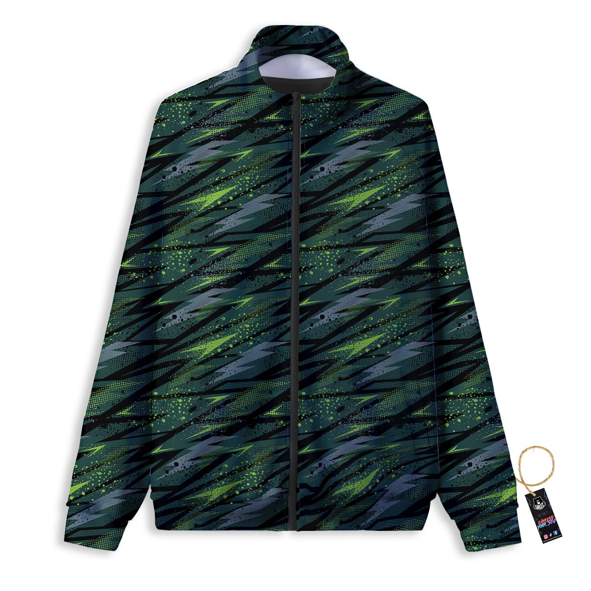 Abstract Green Lightning Print Pattern Track Jacket-grizzshop