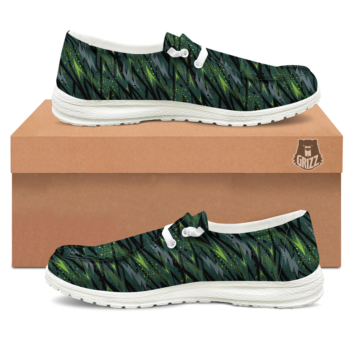 Abstract Green Lightning Print Pattern White Loafers-grizzshop
