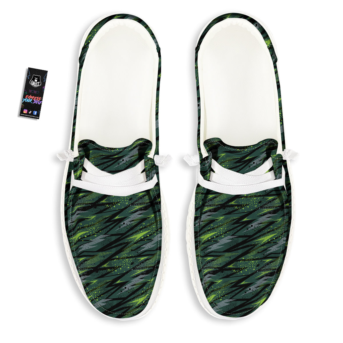 Abstract Green Lightning Print Pattern White Loafers-grizzshop