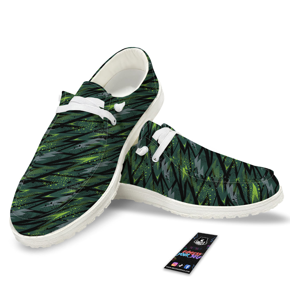 Abstract Green Lightning Print Pattern White Loafers-grizzshop