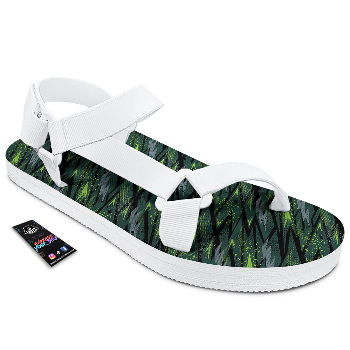 Abstract Green Lightning Print Pattern White Open Toe Sandals-grizzshop