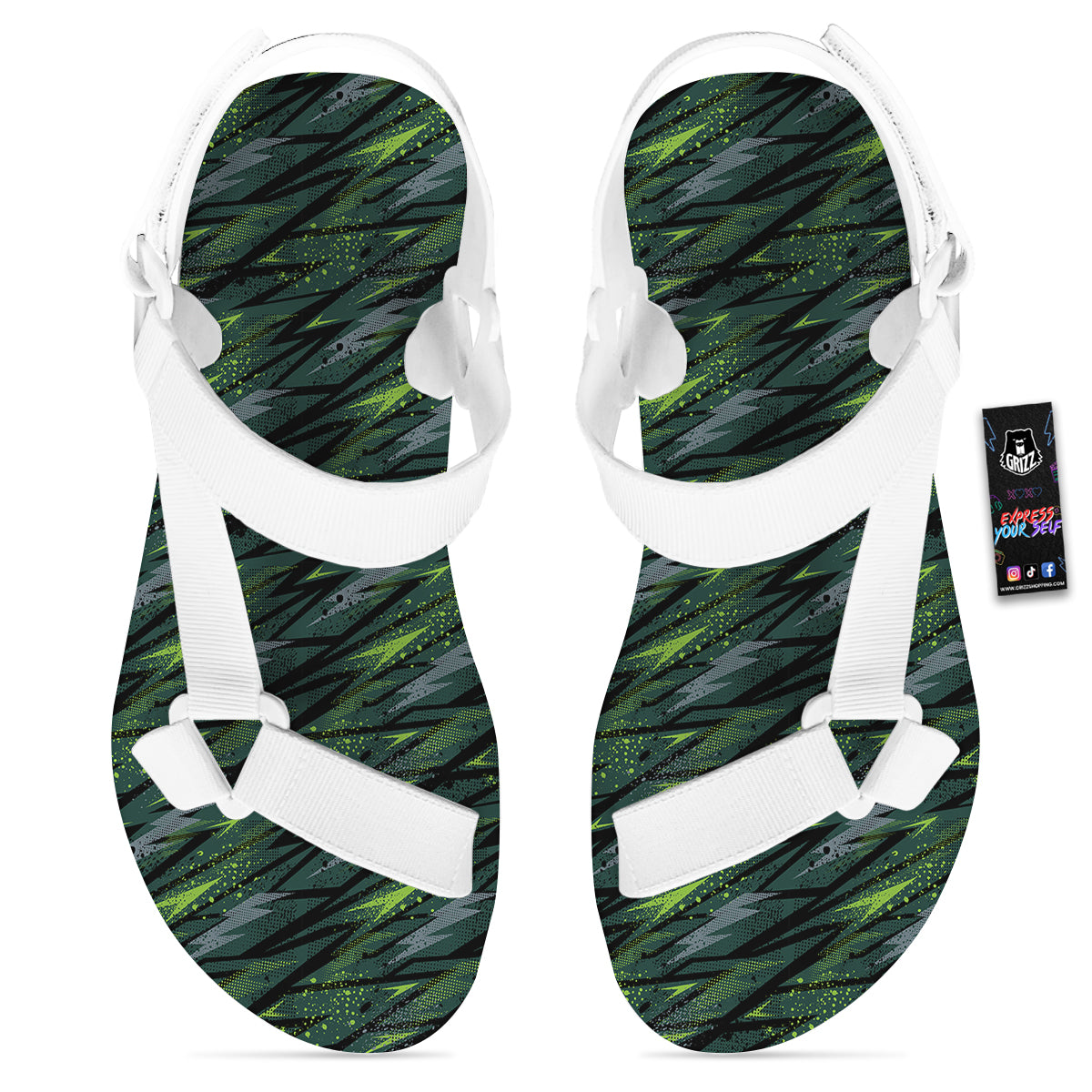 Abstract Green Lightning Print Pattern White Open Toe Sandals-grizzshop