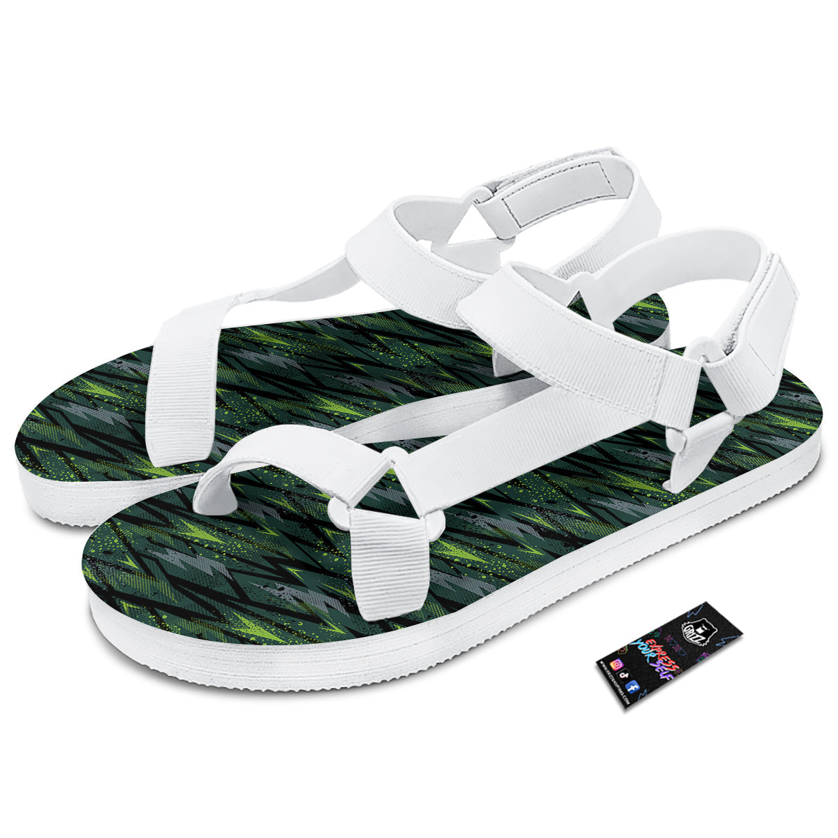 Abstract Green Lightning Print Pattern White Open Toe Sandals-grizzshop