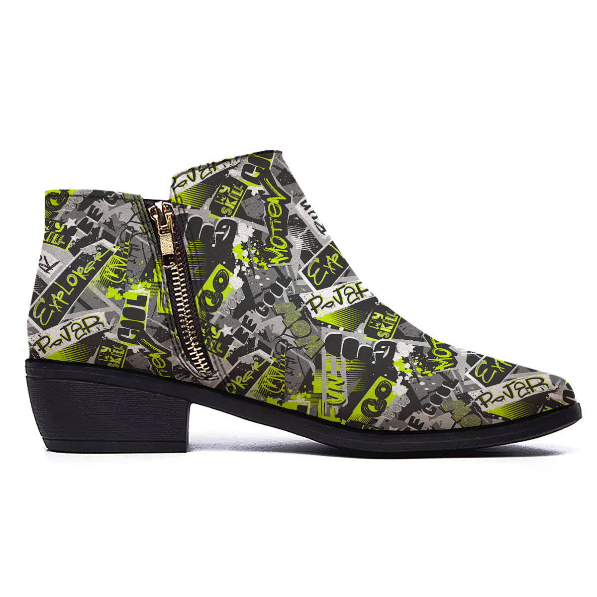 Abstract Grey And Neon Green Graffiti Print Pattern Ankle Boots-grizzshop