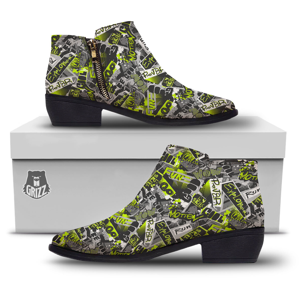 Abstract Grey And Neon Green Graffiti Print Pattern Ankle Boots-grizzshop