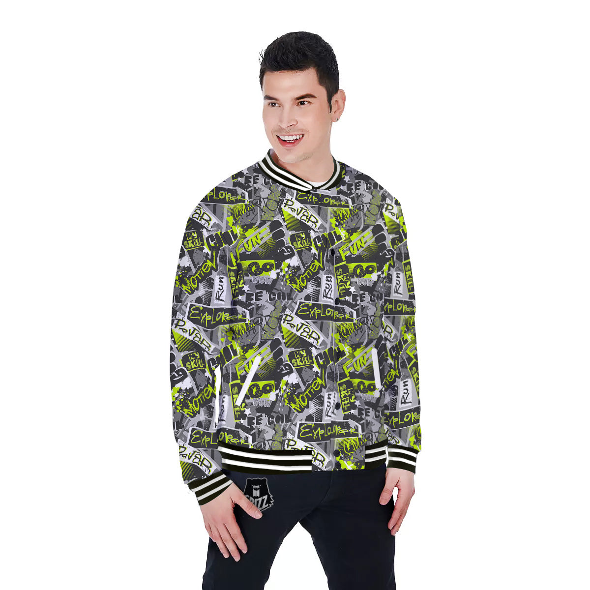 Abstract Grey And Neon Green Graffiti Print Pattern Baseball Jacket-grizzshop