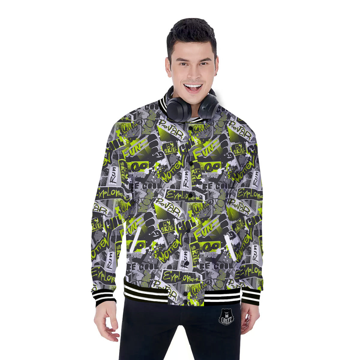 Abstract Grey And Neon Green Graffiti Print Pattern Baseball Jacket-grizzshop