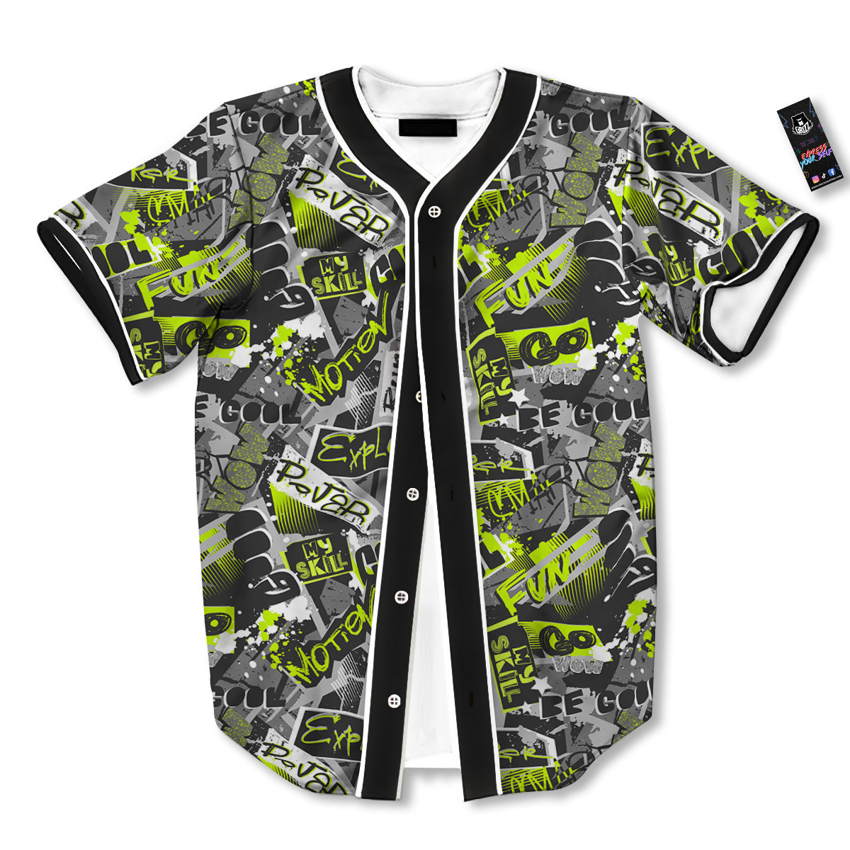 Abstract Grey And Neon Green Graffiti Print Pattern Baseball Jersey-grizzshop