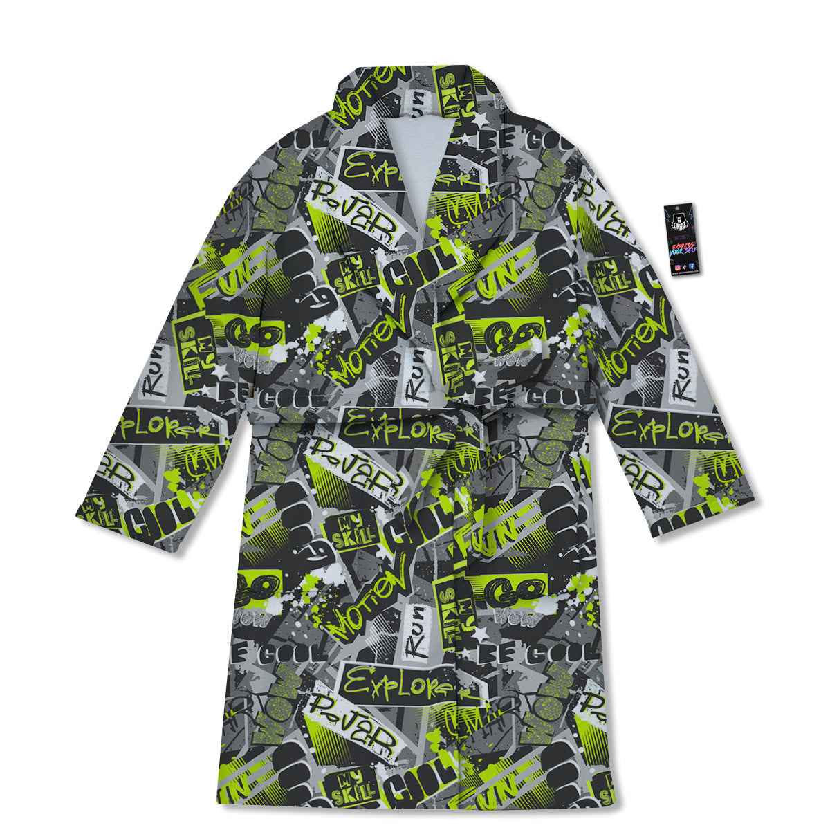 Abstract Grey And Neon Green Graffiti Print Pattern Bathrobe-grizzshop