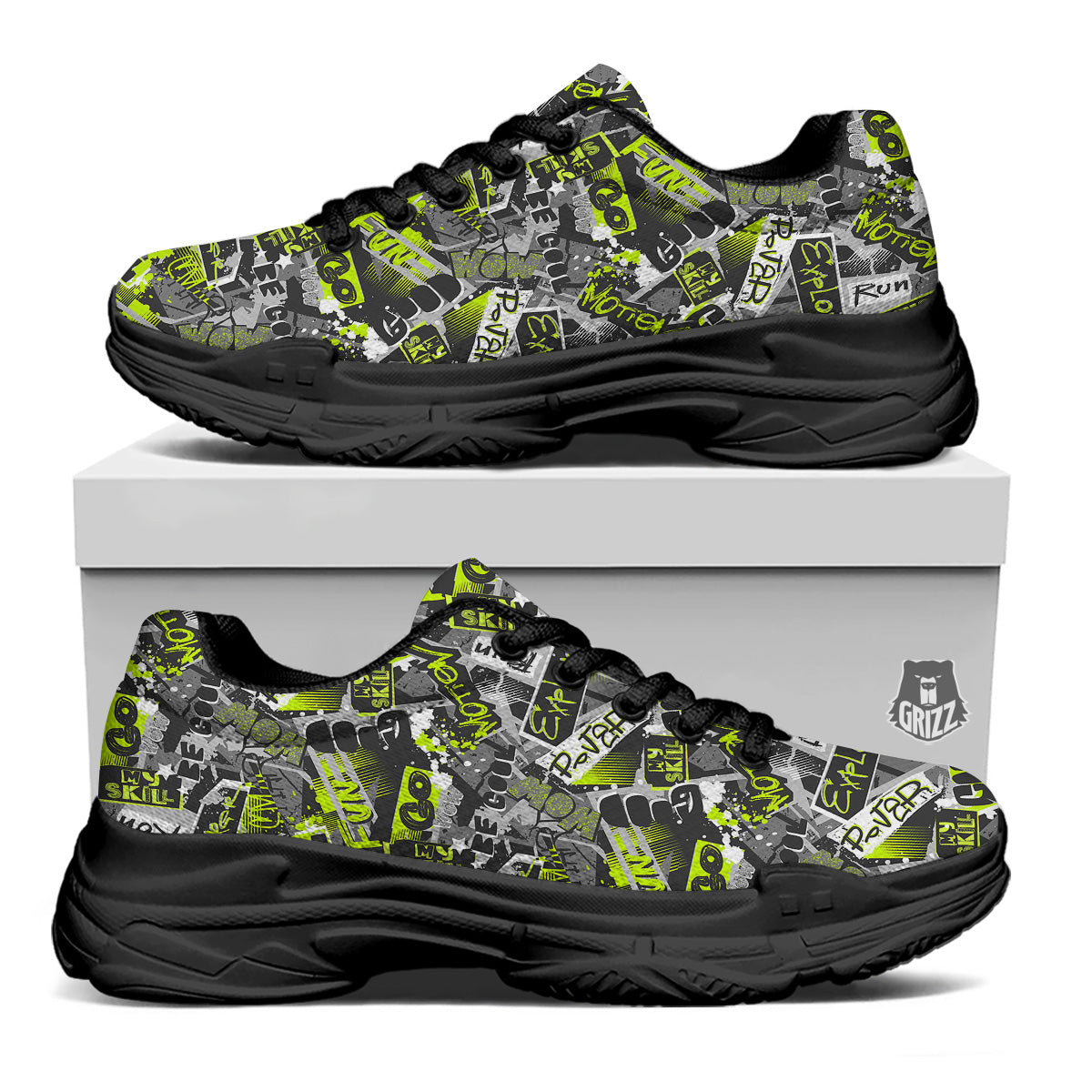 Abstract Grey And Neon Green Graffiti Print Pattern Black Chunky Shoes-grizzshop