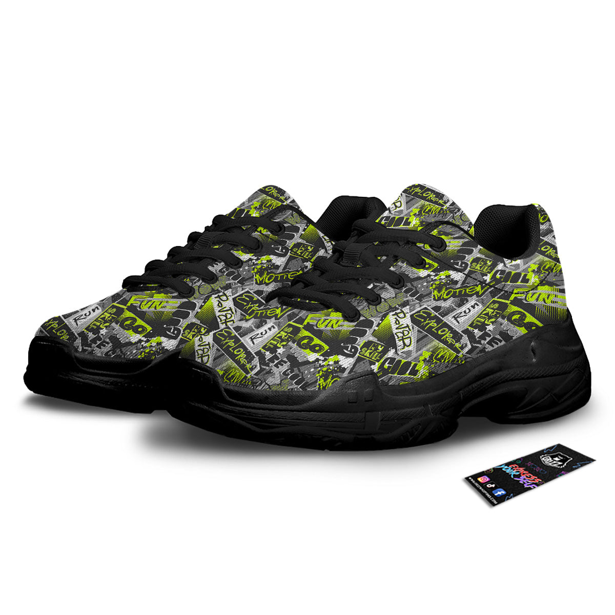 Abstract Grey And Neon Green Graffiti Print Pattern Black Chunky Shoes-grizzshop