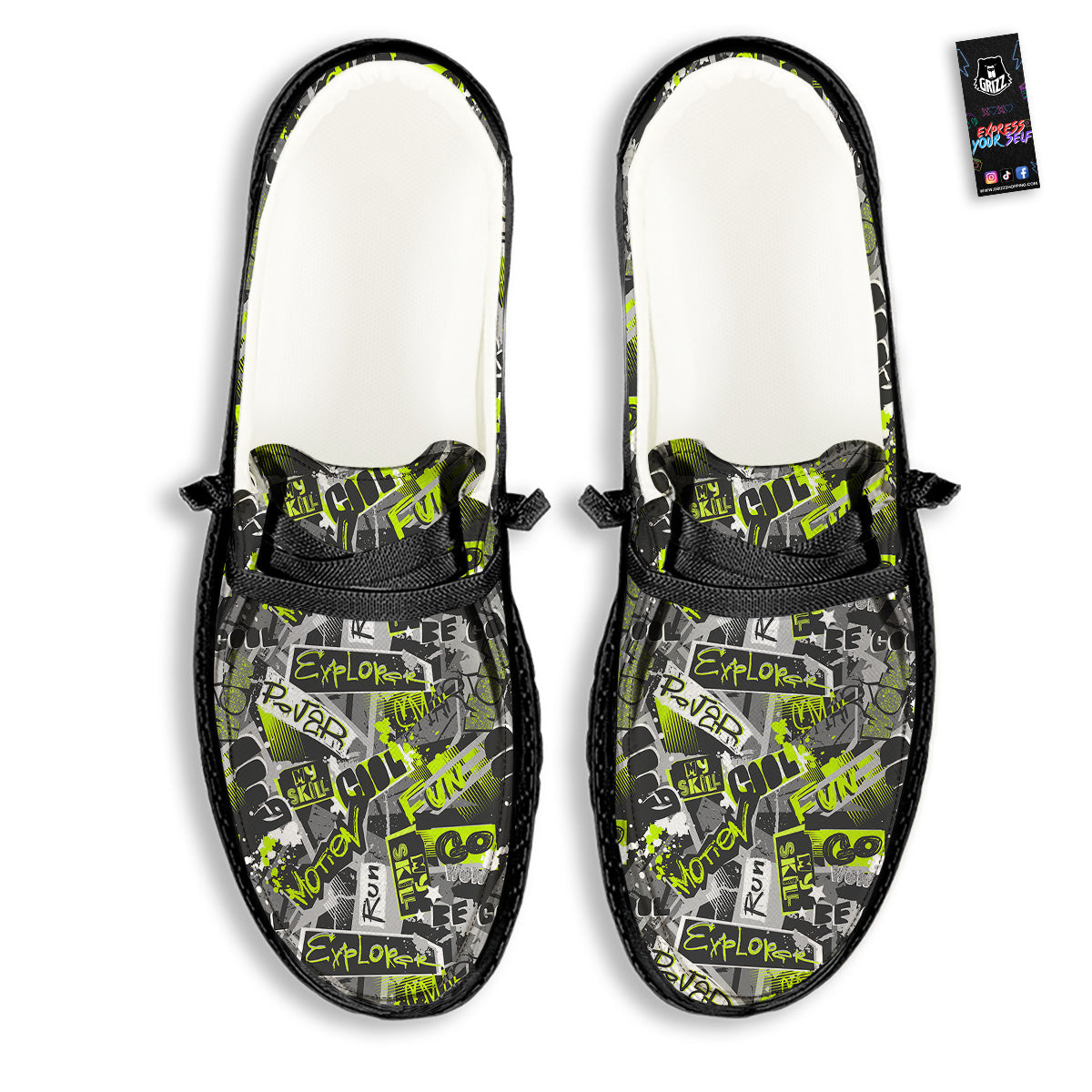 Abstract Grey And Neon Green Graffiti Print Pattern Black Loafers-grizzshop