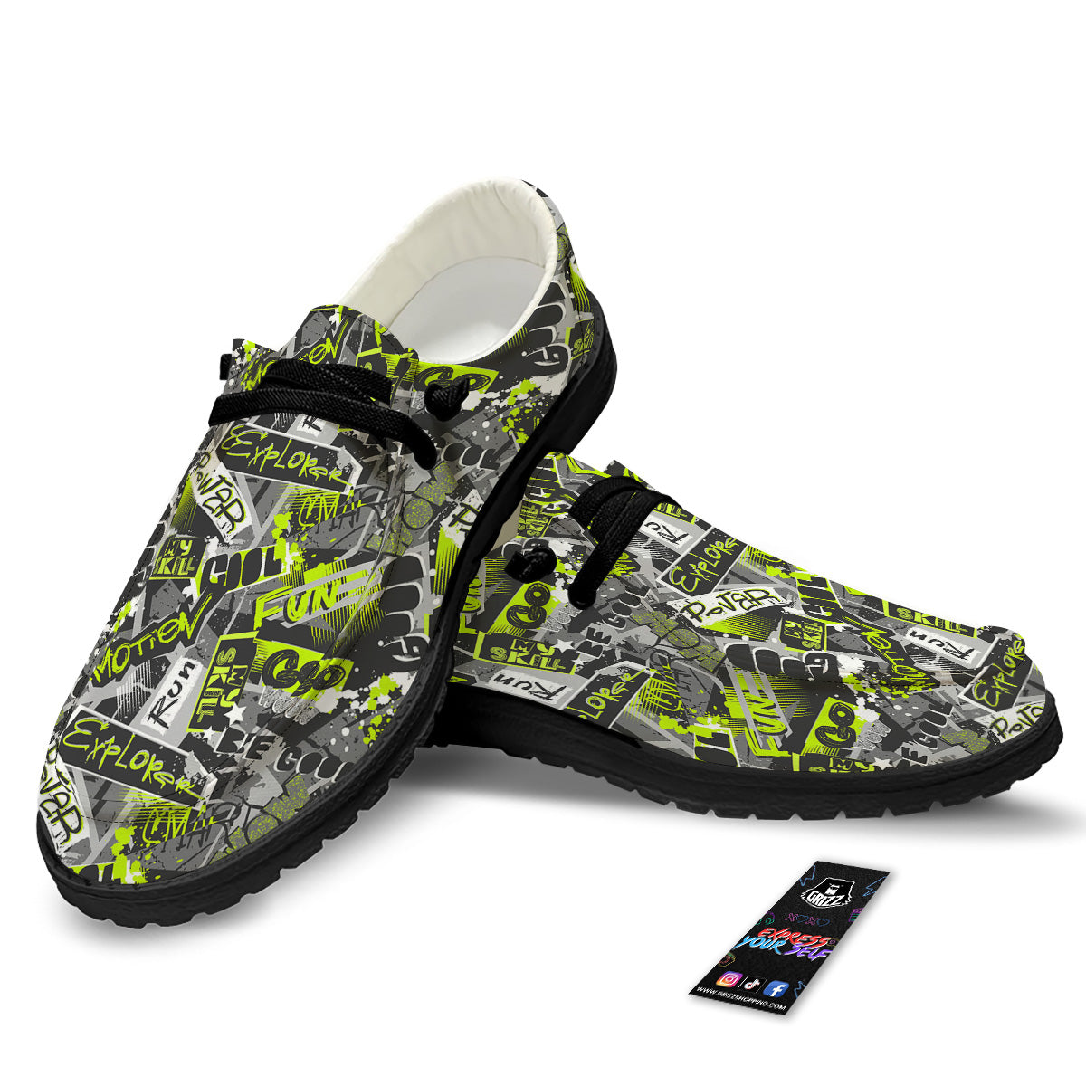 Abstract Grey And Neon Green Graffiti Print Pattern Black Loafers-grizzshop