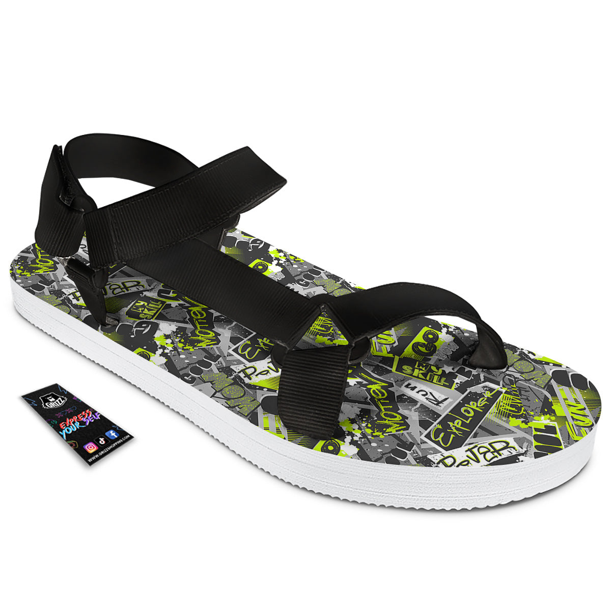 Abstract Grey And Neon Green Graffiti Print Pattern Black Open Toe Sandals-grizzshop