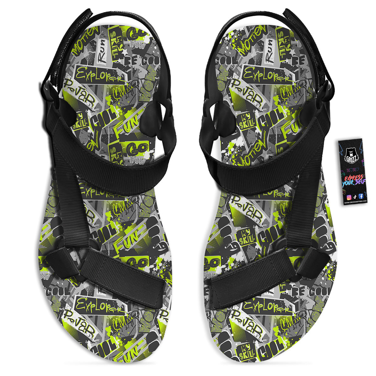 Abstract Grey And Neon Green Graffiti Print Pattern Black Open Toe Sandals-grizzshop