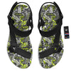 Abstract Grey And Neon Green Graffiti Print Pattern Black Open Toe Sandals-grizzshop