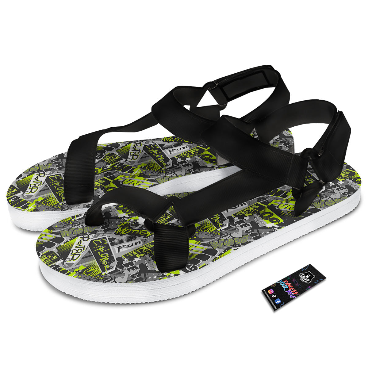 Abstract Grey And Neon Green Graffiti Print Pattern Black Open Toe Sandals-grizzshop