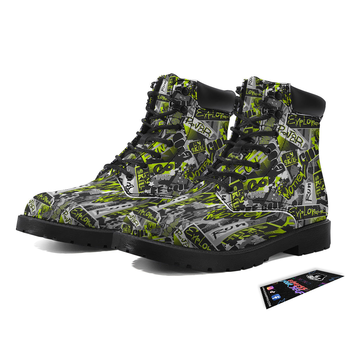 Abstract Grey And Neon Green Graffiti Print Pattern Boots-grizzshop