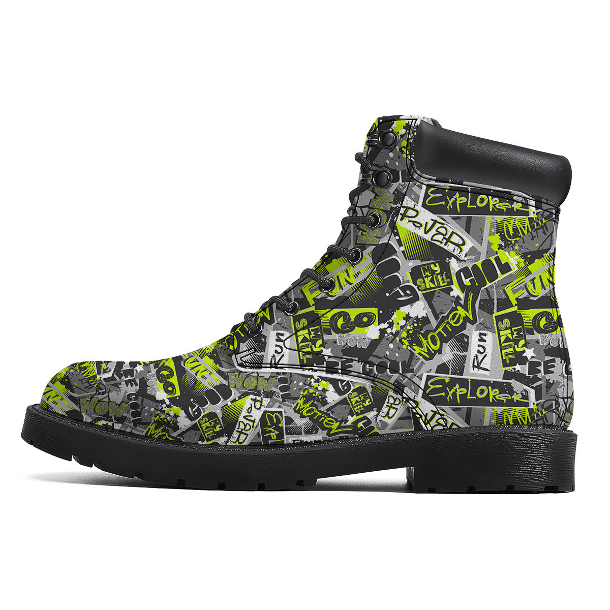 Abstract Grey And Neon Green Graffiti Print Pattern Boots-grizzshop