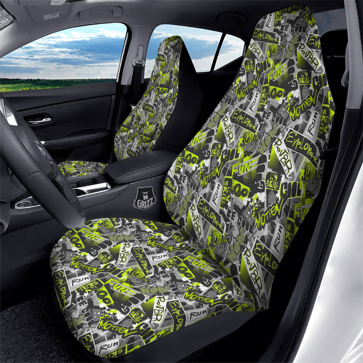 Abstract Grey And Neon Green Graffiti Print Pattern Car Seat Covers-grizzshop