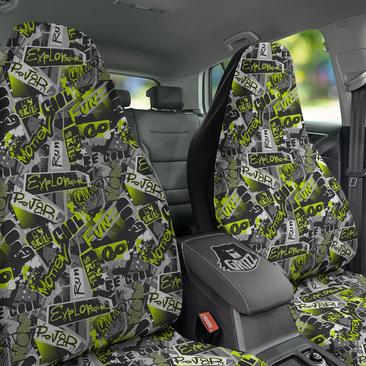 Abstract Grey And Neon Green Graffiti Print Pattern Car Seat Covers-grizzshop