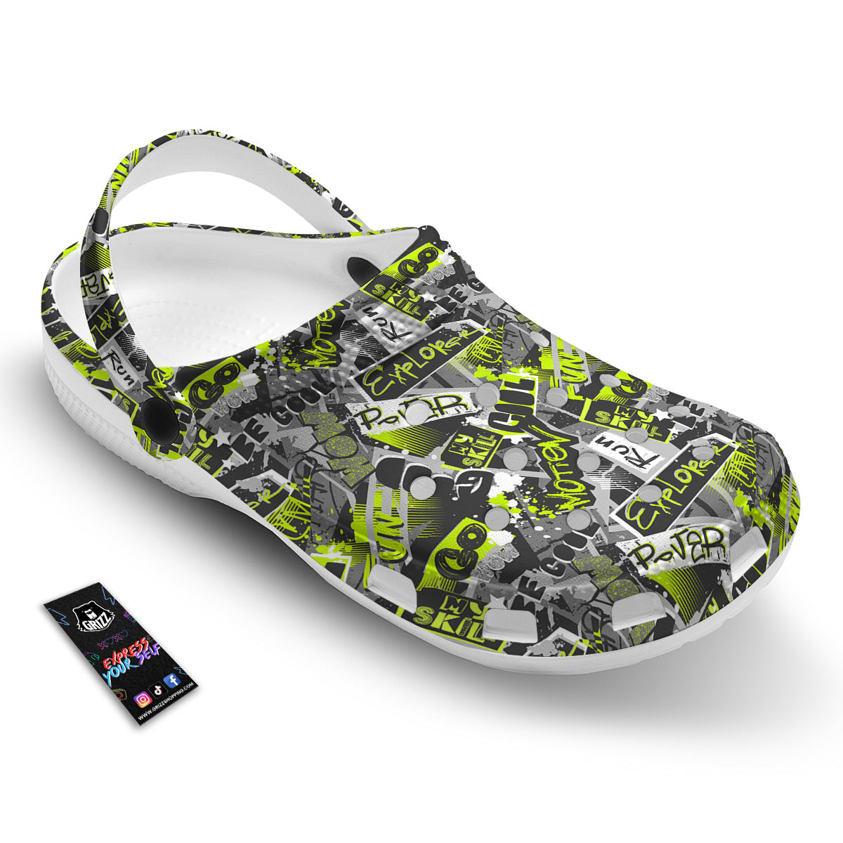 Abstract Grey And Neon Green Graffiti Print Pattern Clog-grizzshop